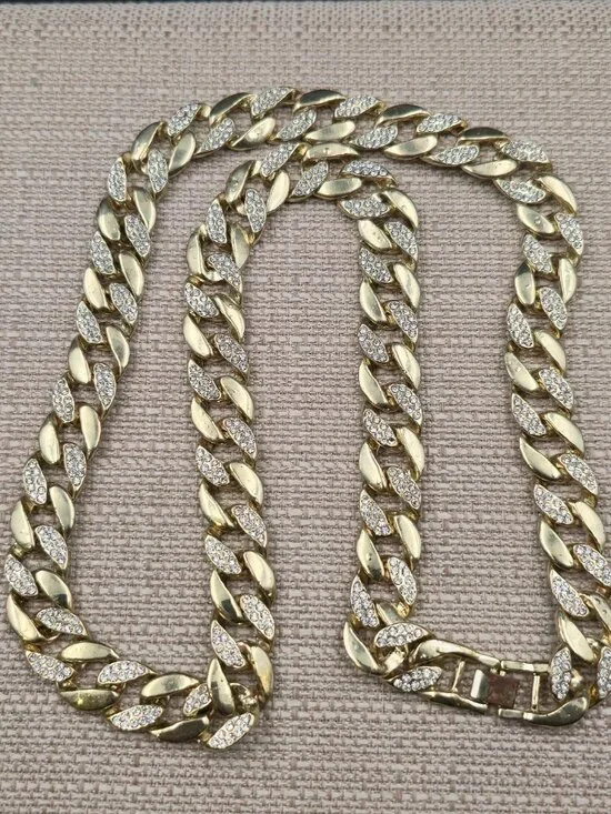 30 Inch Gold Over Copper Crystal Miami Cuban Link Chain Necklace B1131 - Picture 2 of 6